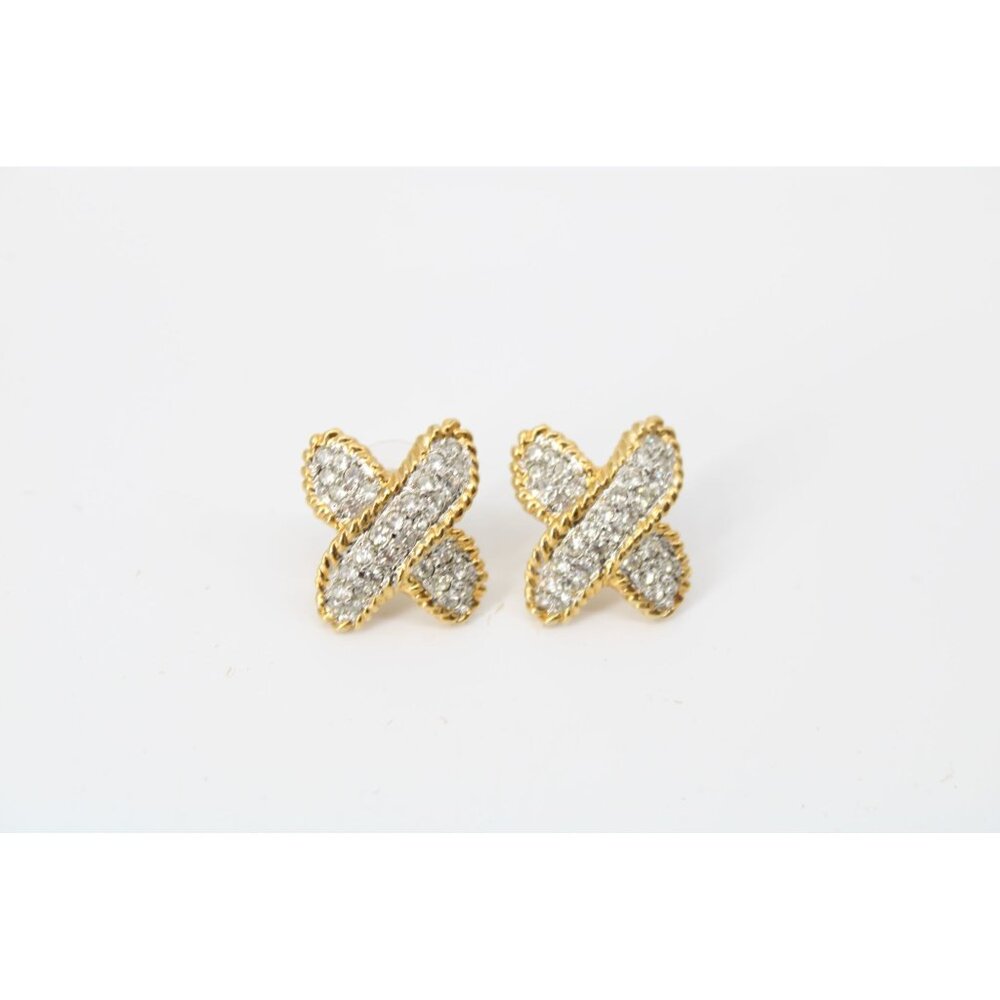 Doncaster Crystal Cross X Pierced Earrings Goldtone Gold Tone Vintage 93862 - Picture 2 of 3